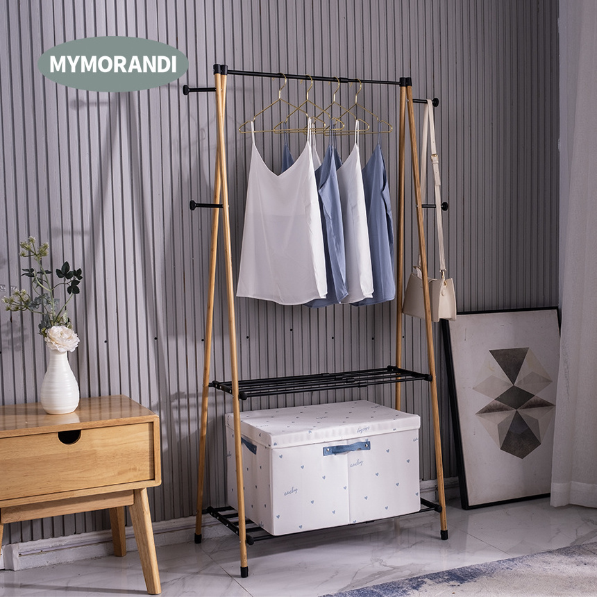 Bamboo Extendable Clothes Rack with 2-Tier Storage Shelf and 4 Coat Hooks clothing store display rack