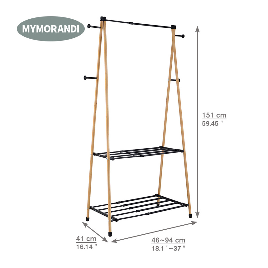 Bamboo Extendable Clothes Rack with 2-Tier Storage Shelf and 4 Coat Hooks clothing store display rack