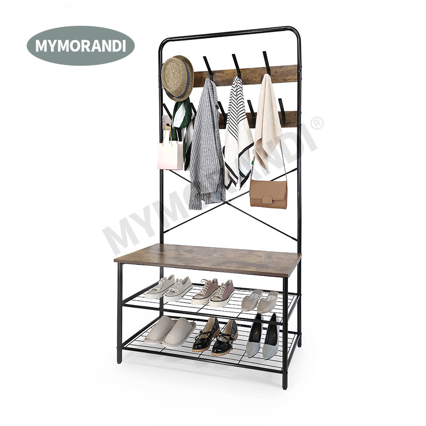 High Quality Hall Tree Metal entryway bench shoe rack 9 Hooks Bench Storage standing Hallway Umbrella Hat coat