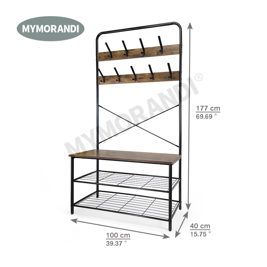 High Quality Hall Tree Metal entryway bench shoe rack 9 Hooks Bench Storage standing Hallway Umbrella Hat coat