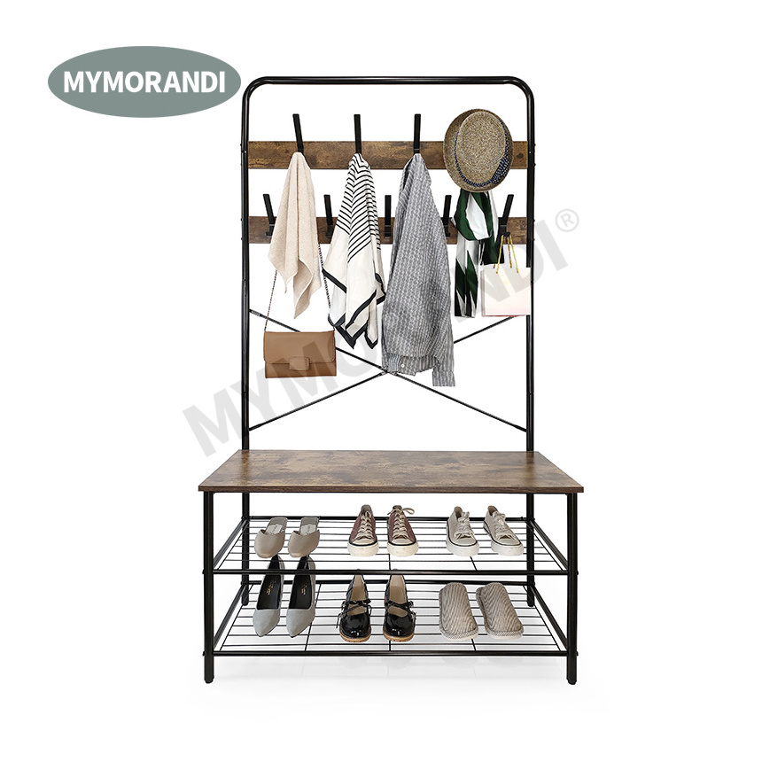 High Quality Hall Tree Metal entryway bench shoe rack 9 Hooks Bench Storage standing Hallway Umbrella Hat coat