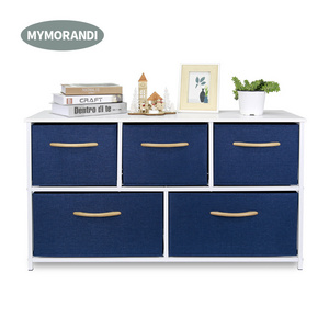 5 Drawer Steel frame Dresser storage tower cabinet home organizer with wooden handle fabric drawers box