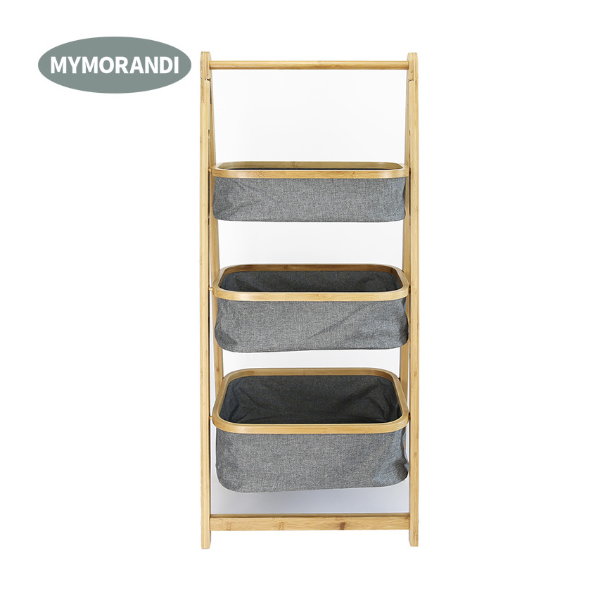 Hanging Rack 3 Tier Folding Laundry Hamper Bamboo Frame Storage Basket Organizer Rack Shelf with Polyester Fabric