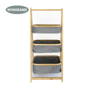 Hanging Rack 3 Tier Folding Laundry Hamper Bamboo Frame Storage Basket Organizer Rack Shelf with Polyester Fabric