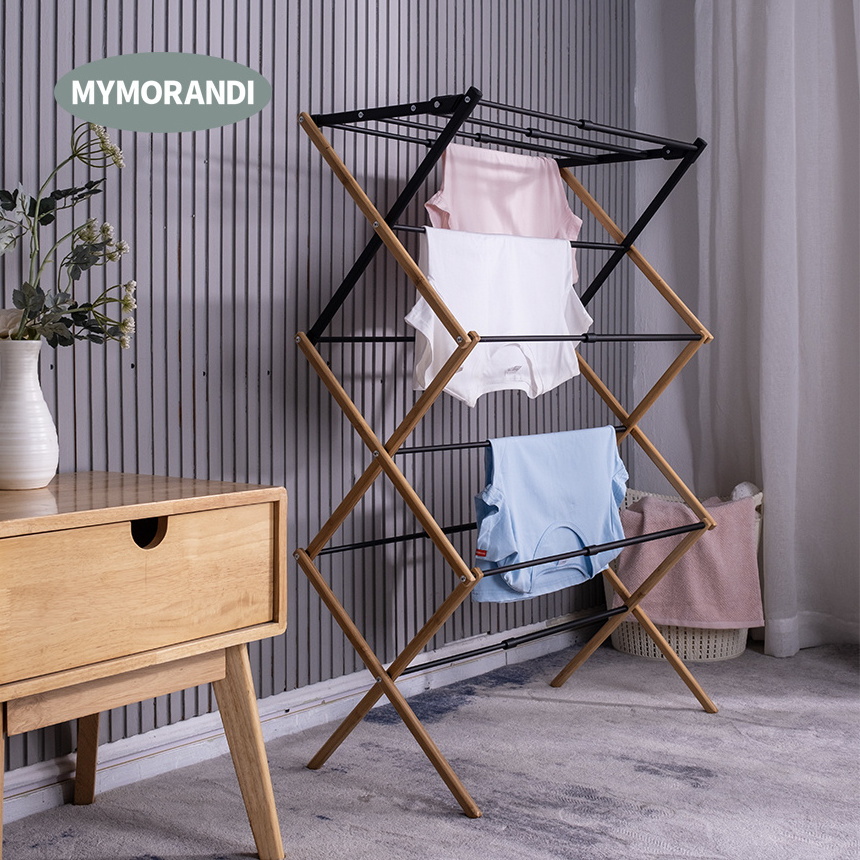 Bamboo & Metal Clothes Drying Rack Extendable Folding Sock Cloth Hanger Rack