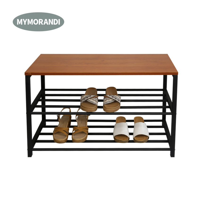 3 Tiers Modern Solid Wood Shoe Rack Metal Shelf  Shoe  Bench For Entryway