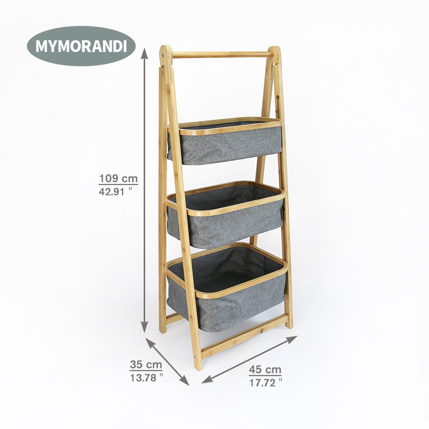 Hanging Rack 3 Tier Folding Laundry Hamper Bamboo Frame Storage Basket Organizer Rack Shelf with Polyester Fabric