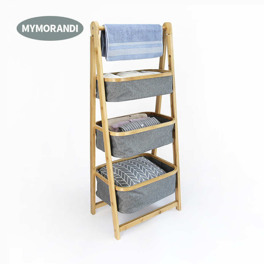 Hanging Rack 3 Tier Folding Laundry Hamper Bamboo Frame Storage Basket Organizer Rack Shelf with Polyester Fabric