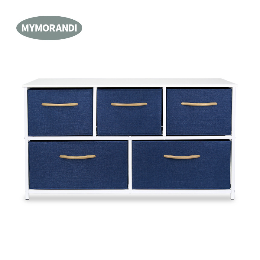 5 Drawer Steel frame Dresser storage tower cabinet home organizer with wooden handle fabric drawers box