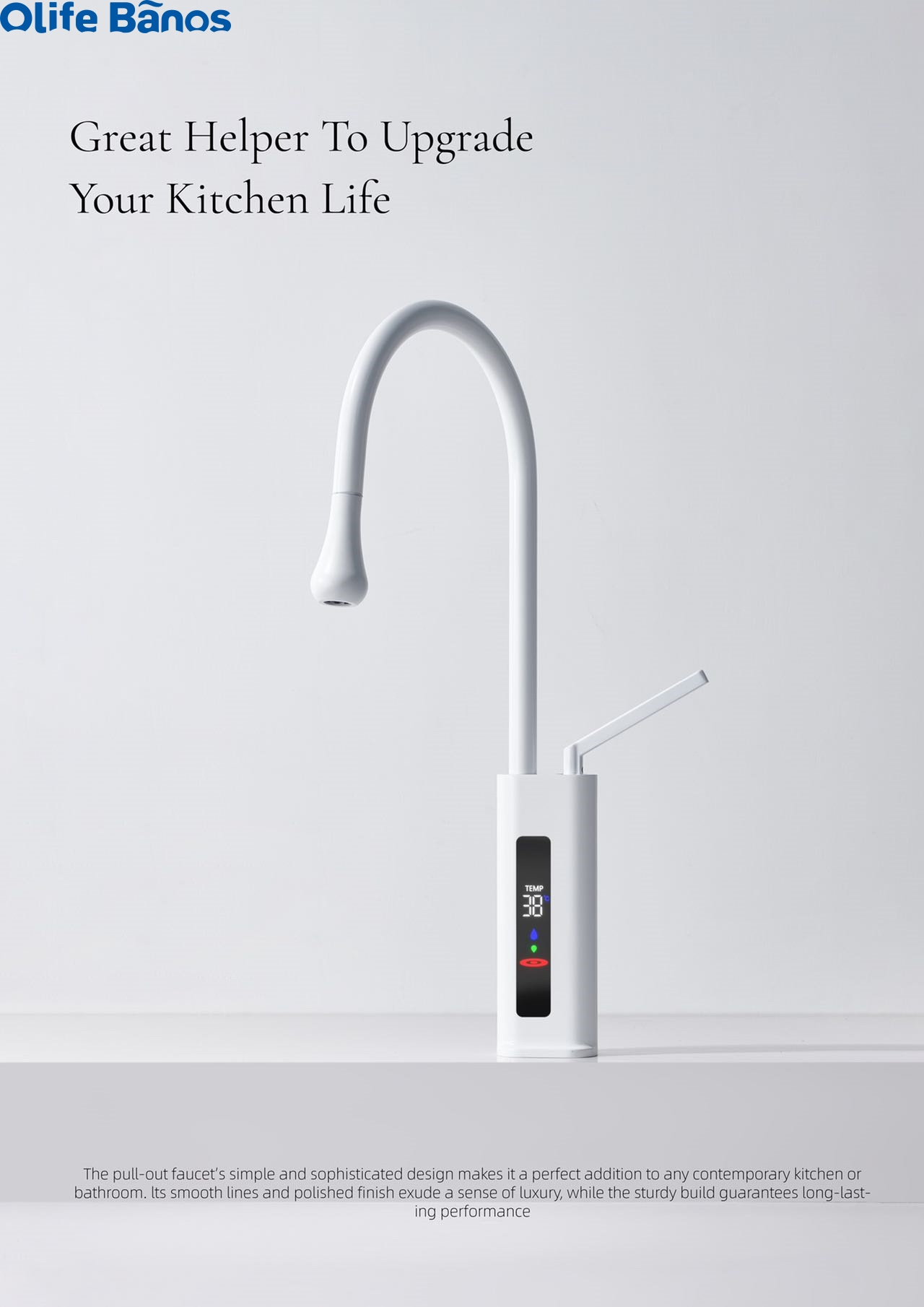 Olife Banos Teardrop-shaped  Luxury Brushed Gold White  Hot And Cold  Pull Out Household Digital Display  Kitchen  Faucet