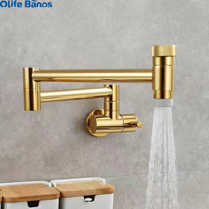 Gold Pot Filler Faucet Wall Mount Folding Kitchen Sink Faucet with Double Swivel Swing Arm