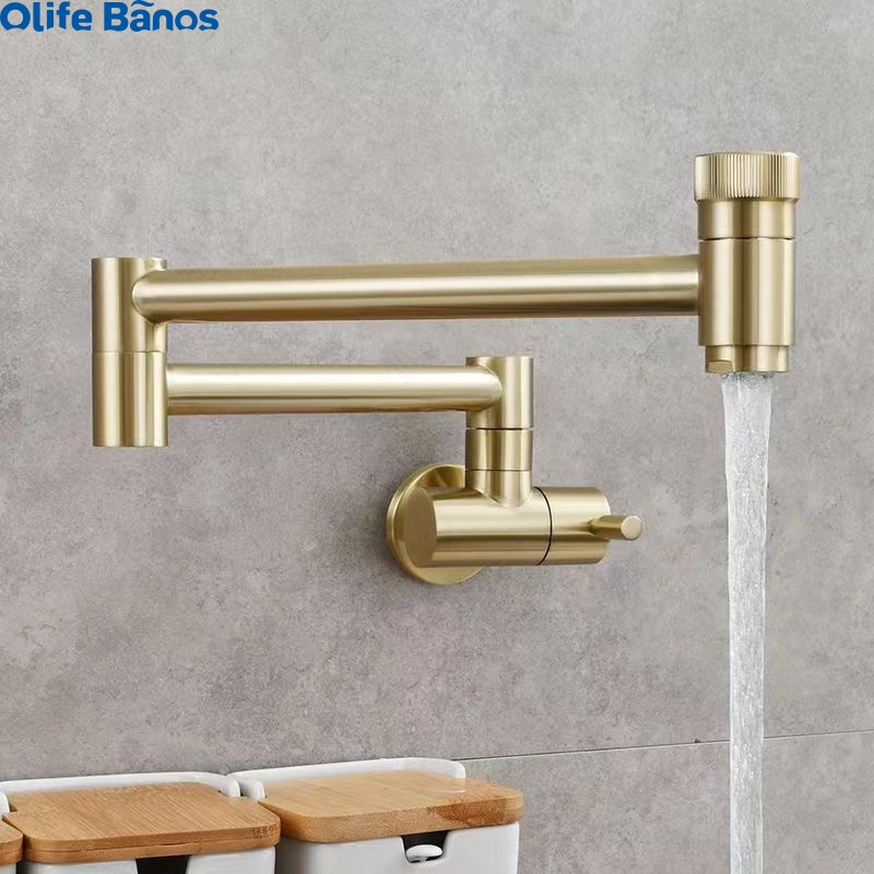 Gold Pot Filler Faucet Wall Mount Folding Kitchen Sink Faucet with Double Swivel Swing Arm