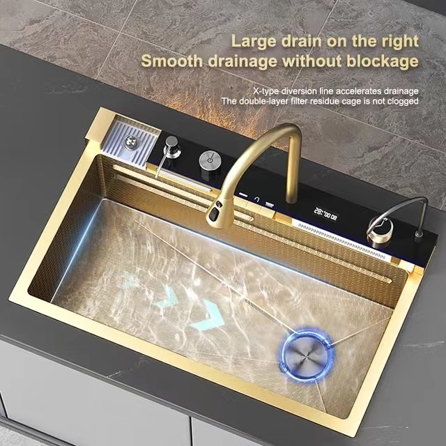 Tiktok Trends Digital Display Pull Tap Waterfall Kitchen Sink 304 Rainfall Faucet Ceramic Kitchen Sink