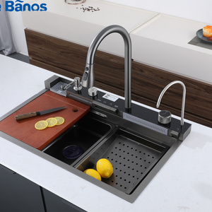 Tiktok Trends Digital Display Pull Tap Waterfall Kitchen Sink 304 Rainfall Faucet Ceramic Kitchen Sink