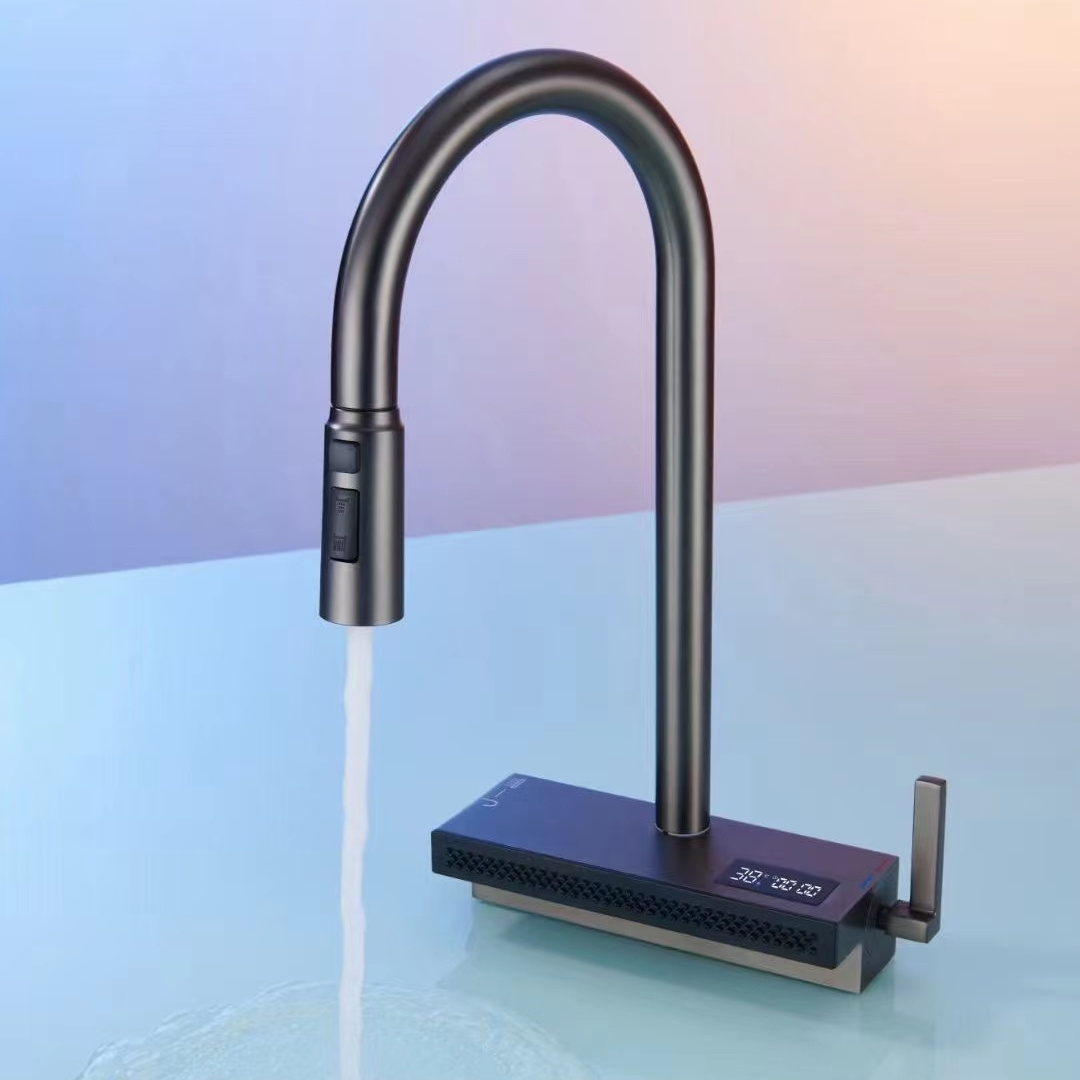 High End Brass Waterfall Household Pull Hydraulic Electrogenerating Digital Display Revolving Pull Out Rainfall  Kitchen  Faucet