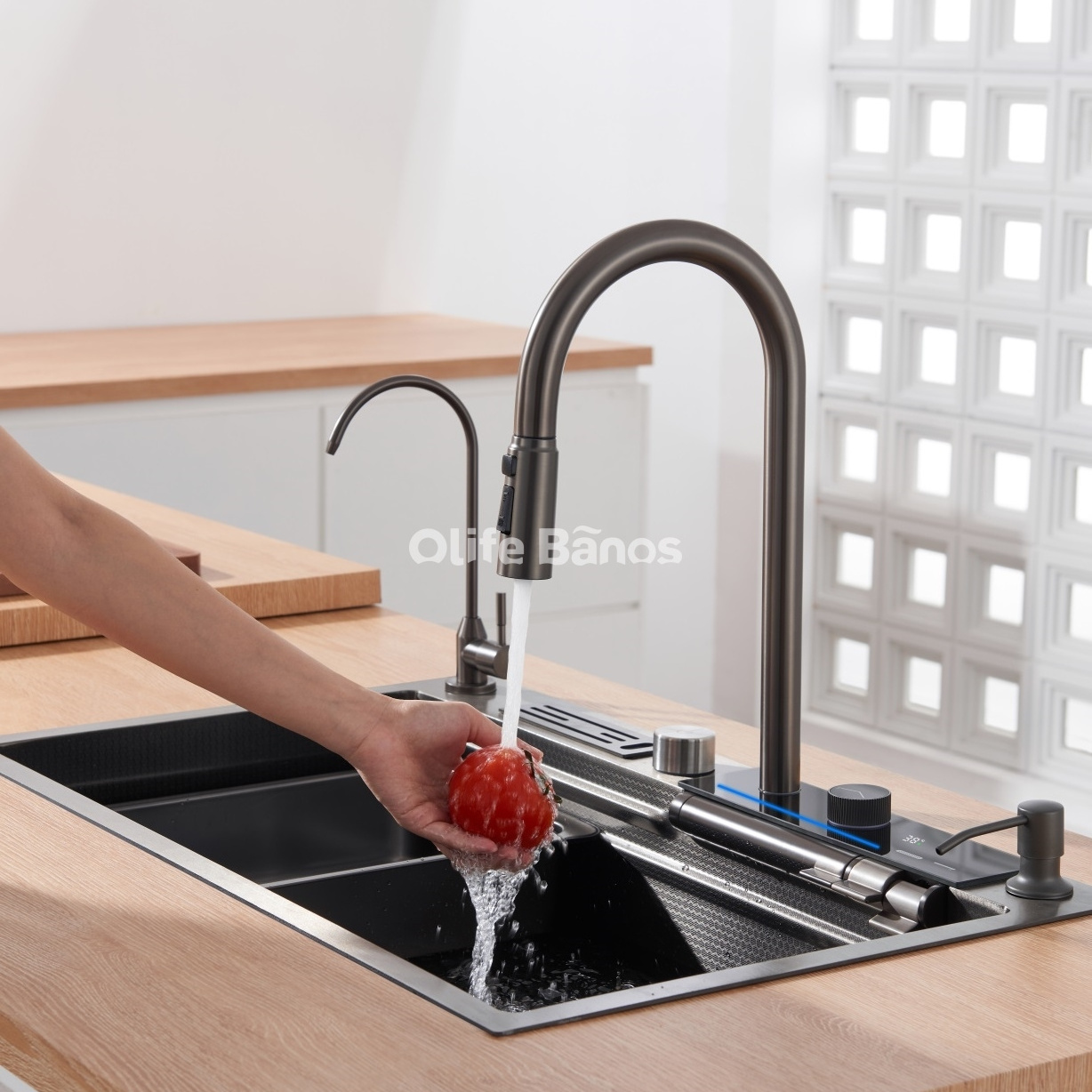 Olife Banos Tiktok Trend SUS 304 Led Digital Display Waterfall Faucet Bionic Honeycomb  Kitchen Sink With Cup Washer