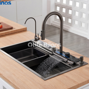 Olife Banos Tiktok Trend SUS 304 Led Digital Display Waterfall Faucet Bionic Honeycomb  Kitchen Sink With Cup Washer