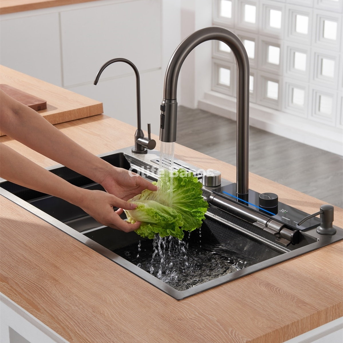 Olife Banos Tiktok Trend SUS 304 Led Digital Display Waterfall Faucet Bionic Honeycomb  Kitchen Sink With Cup Washer