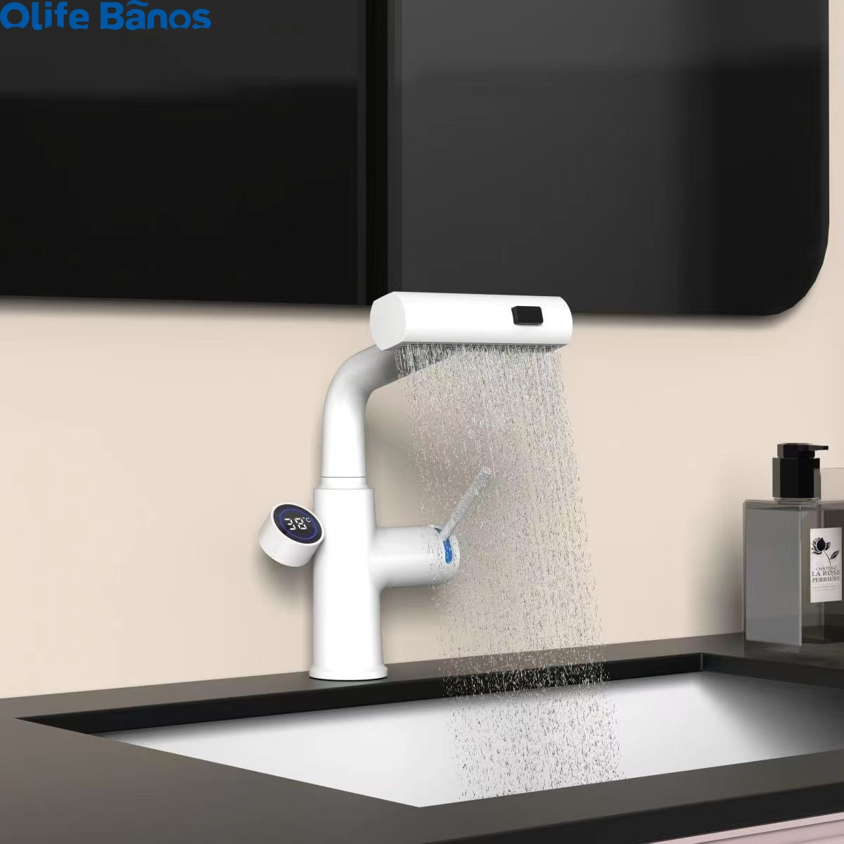 Olifebanos Bathroom Waterfall Led Digital Faucet Water Power Basin Mixer Temperate Display Basin Faucet