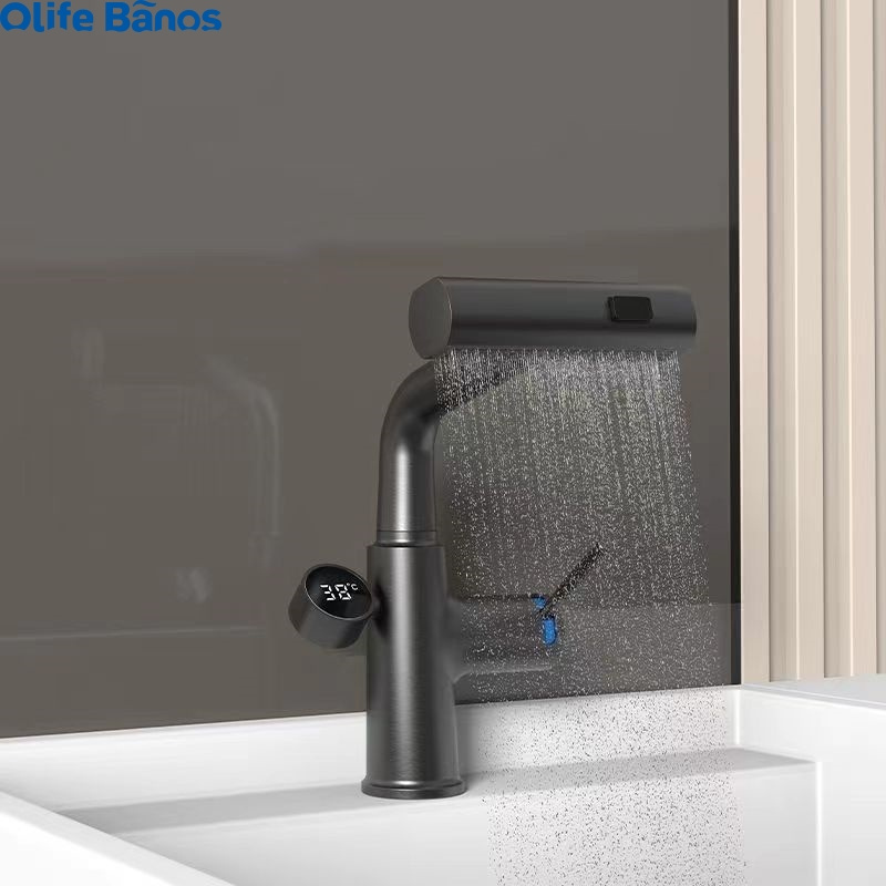 Olifebanos Bathroom Waterfall Led Digital Faucet Water Power Basin Mixer Temperate Display Basin Faucet