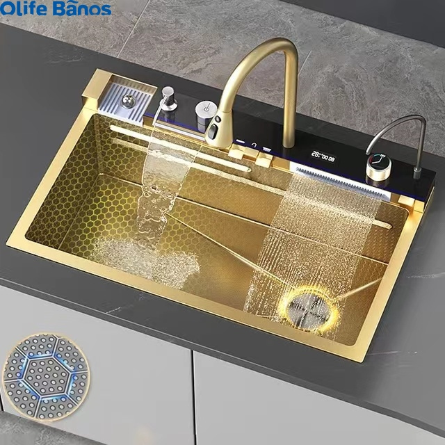 Tiktok hot sale  2 waterfall faucet 304 stainless steel piano key digital led kitchen sink luxury gold ceramic kitchen sink