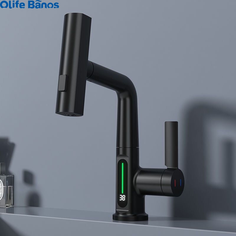 Olifebanos matt black digital  go up and down basin mixer lavatory faucets with pullout deck mounted LED display black