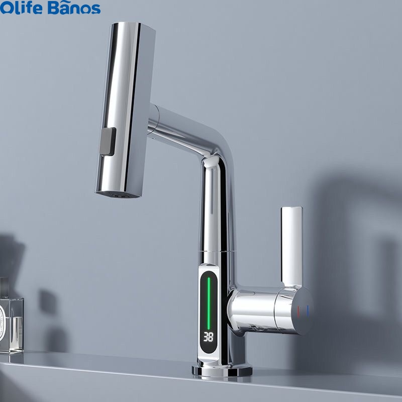 Olifebanos matt black digital  go up and down basin mixer lavatory faucets with pullout deck mounted LED display black