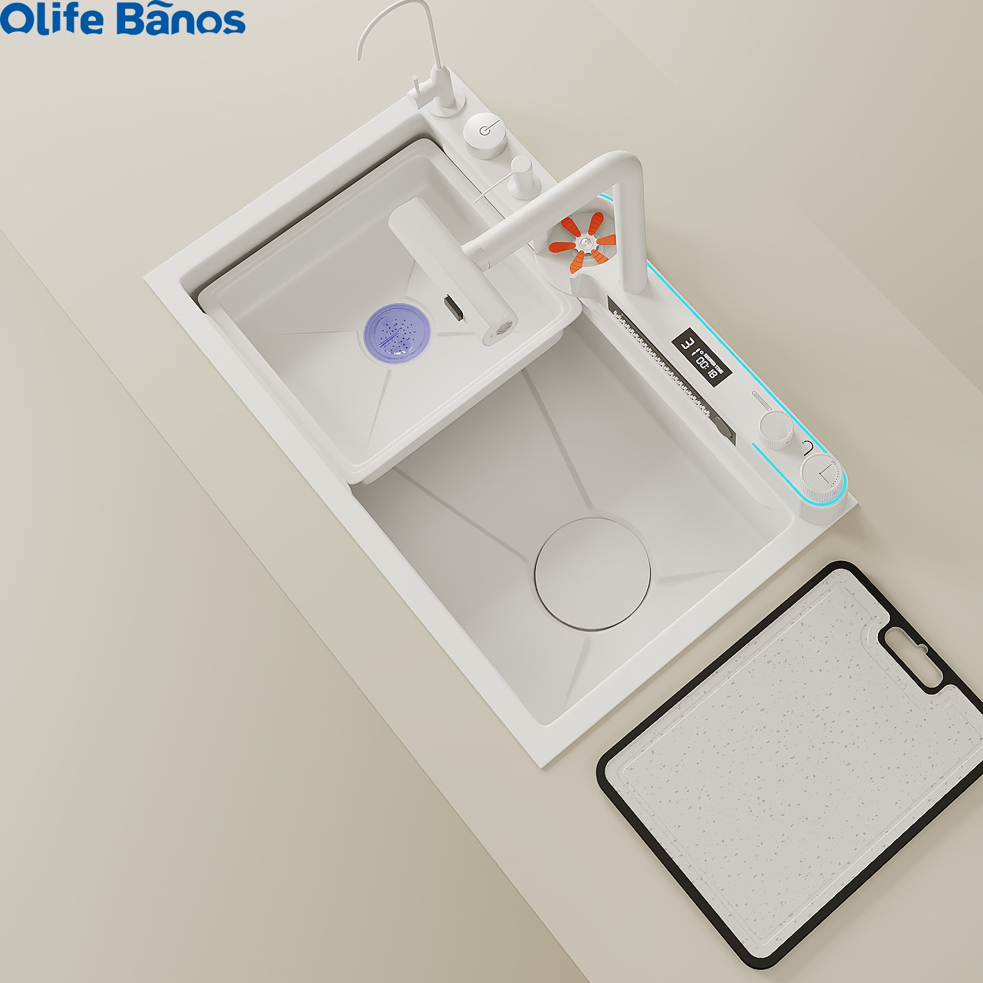 Olife Banos Tiktok Trends Smart Digital Display Mmbient Lighting Waterfall Faucet Honeycomb Automatic Glass Rinser  Kitchen Sink