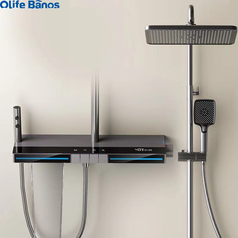 Olife Banos  new design bathroom gunmetal white color blue led light  piano key shower head faucet hot cold shower set