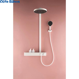 Olife Banos White Silver Wall Mounted Brass Bath  System Taps Thermostatic Shower Mixer Faucets With Big Shelf