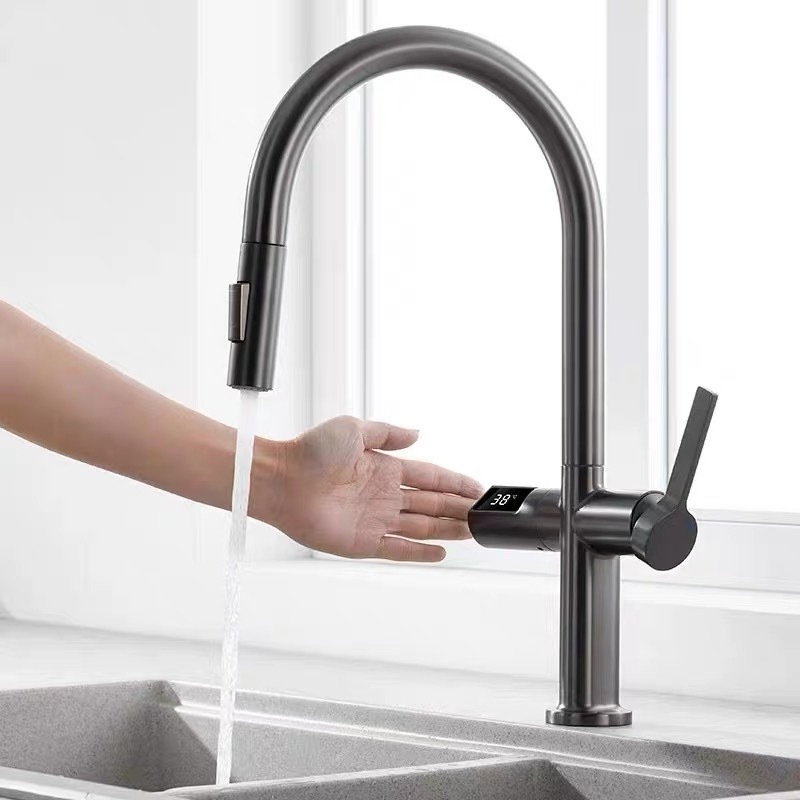 2023 New trend design smart digital touchless control pull out kitchen sink faucet mixer with temperature show display