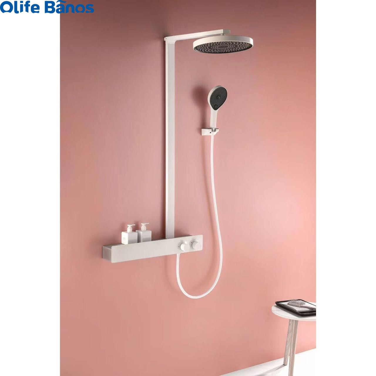 Olife Banos White Silver Wall Mounted Brass Bath  System Taps Thermostatic Shower Mixer Faucets With Big Shelf