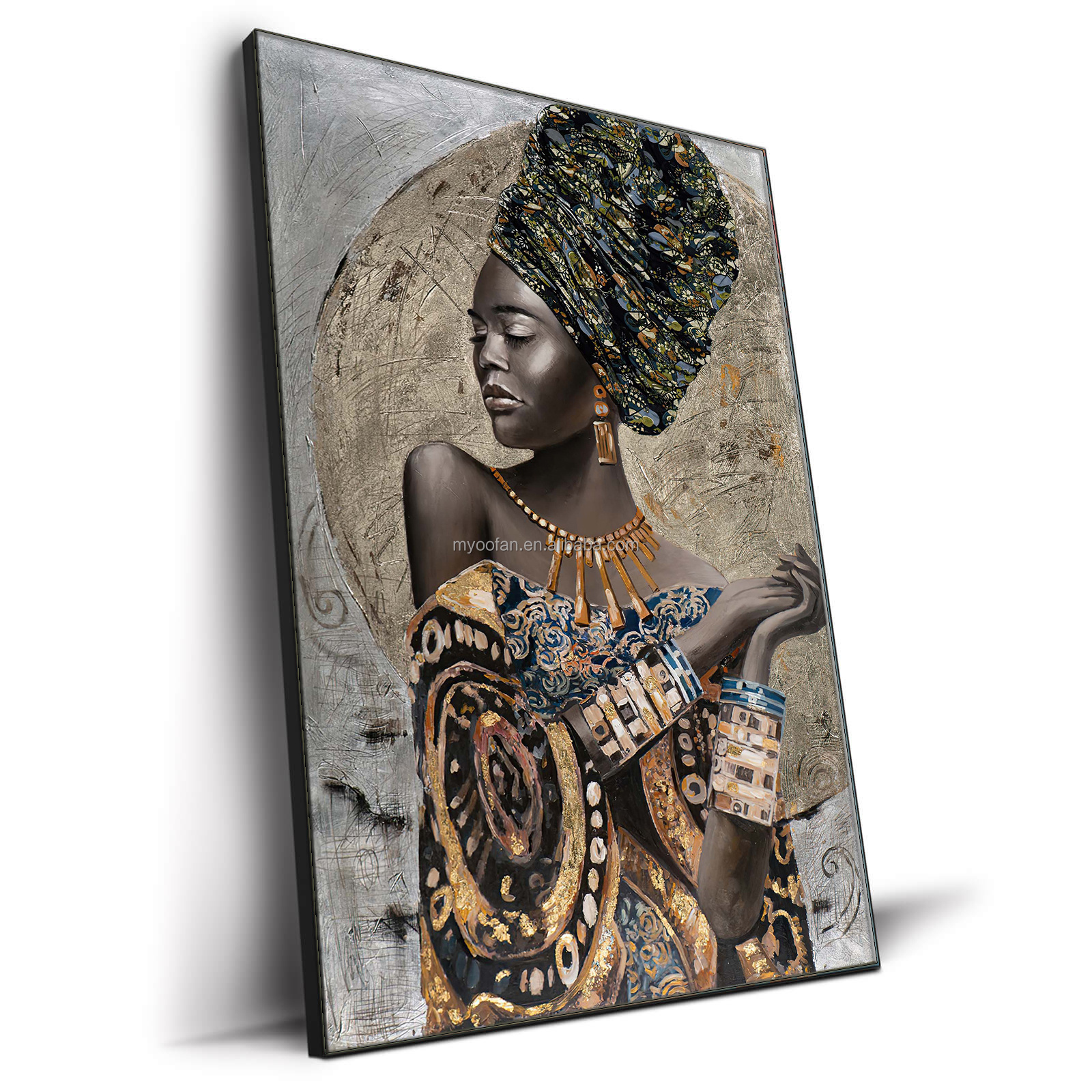 Wholesale Price African Woman Picture Oil Painting Canvas with Gold Foil Wall Art for Bedroom