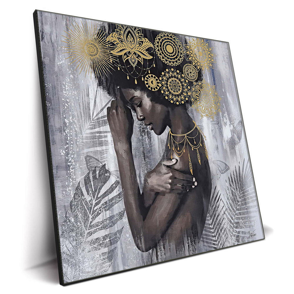 Wholesale Price African Woman Picture Oil Painting Canvas with Gold Foil Wall Art for Bedroom