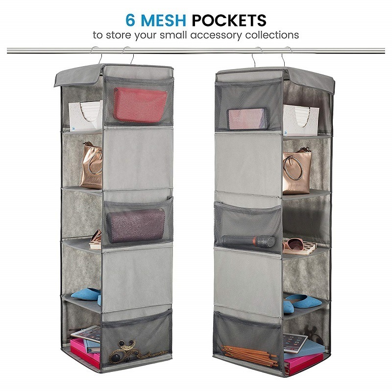 Foldable 5-Shelf 6 Side Mesh Pockets Hanging Shelves Closet Organizer Large Capacity Hanging Storage Organizer in the Closet