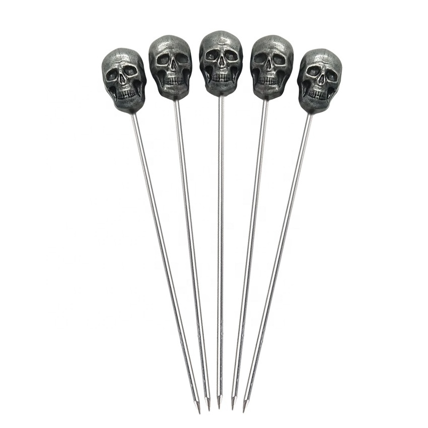 Wholesale Bar Tool Multiple Stainless Steel Cocktail Picks Skull Top Cocktail Stick Food Picks For Halloween Party