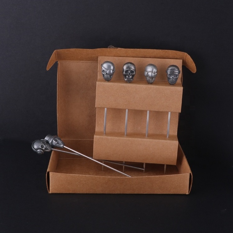 Wholesale Bar Tool Multiple Stainless Steel Cocktail Picks Skull Top Cocktail Stick Food Picks For Halloween Party