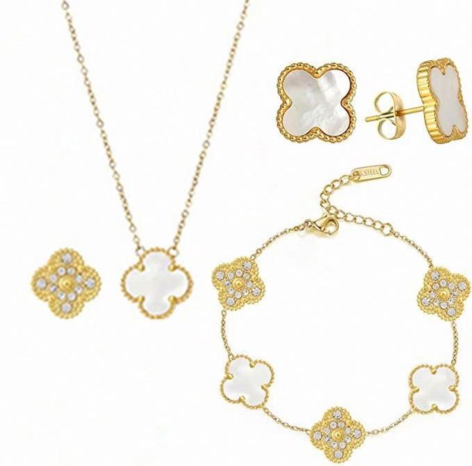 Wholesale Luxury Women Fashion Jewelry 18K Gold Plated Lucky Double Sided Stainless Steel Four Leaf Clover Jewelry Set for women