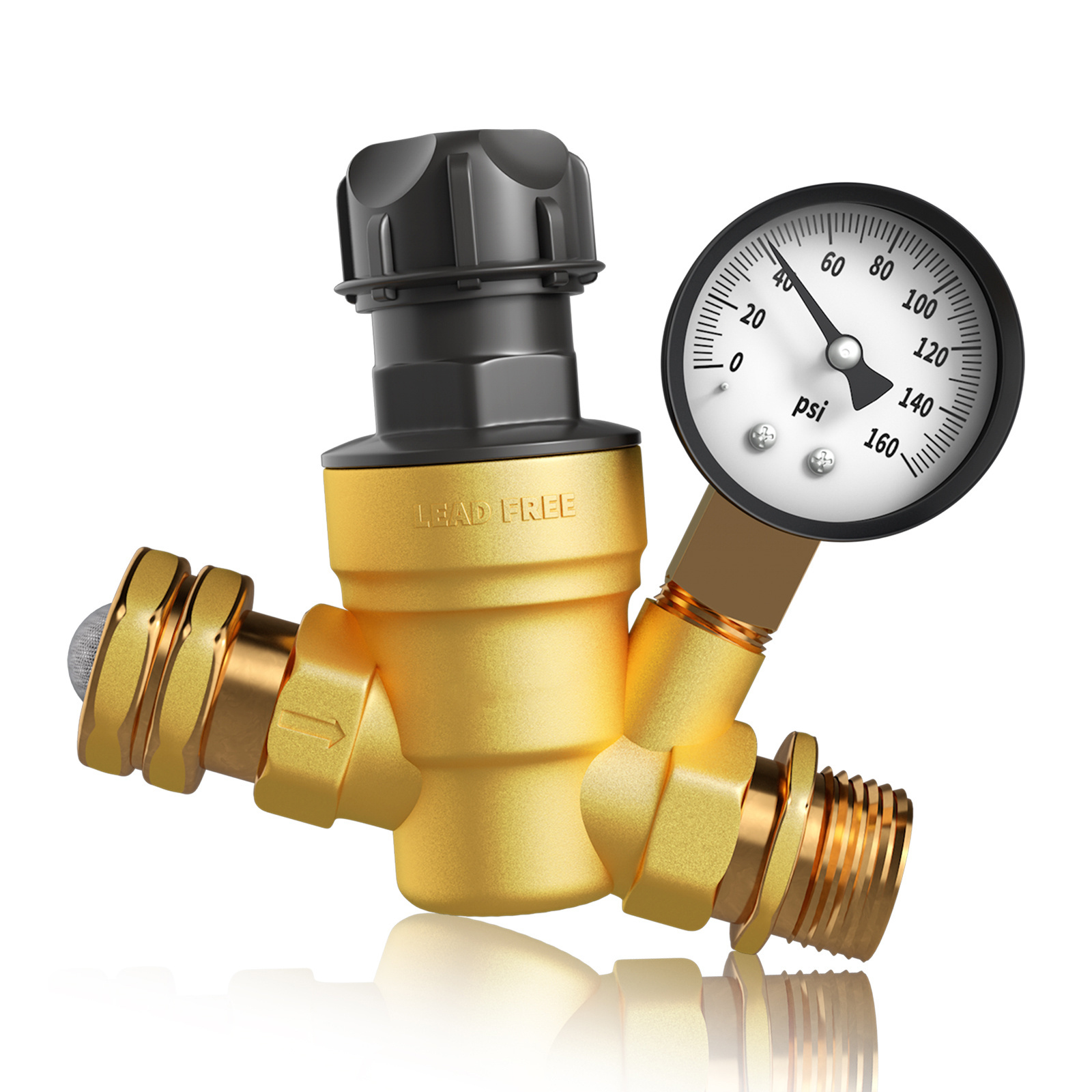 Handle Adjustable RV Water Pressure Regulator Valve, Brass Lead-Free Water Pressure Reducer with Filter