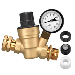 RV Water Pressure Regulator with Gauge,Brass Lead-Free Adjustable Water Pressure Regulator for Camper Caravan Trailer