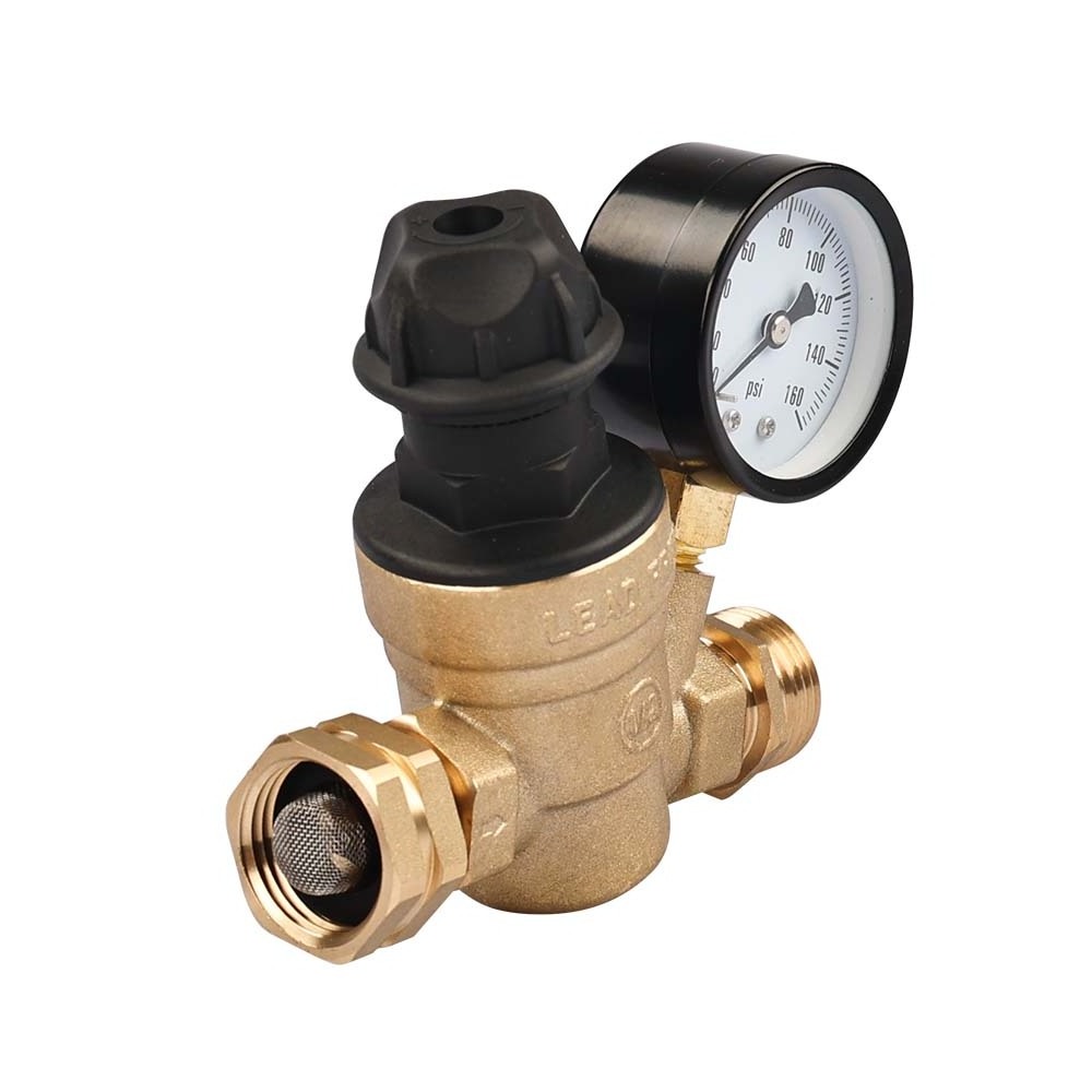 Manual Brass Lead-free adjustable rv water pressure regulator with Gauge, water pressure valve for rv/camper/garden