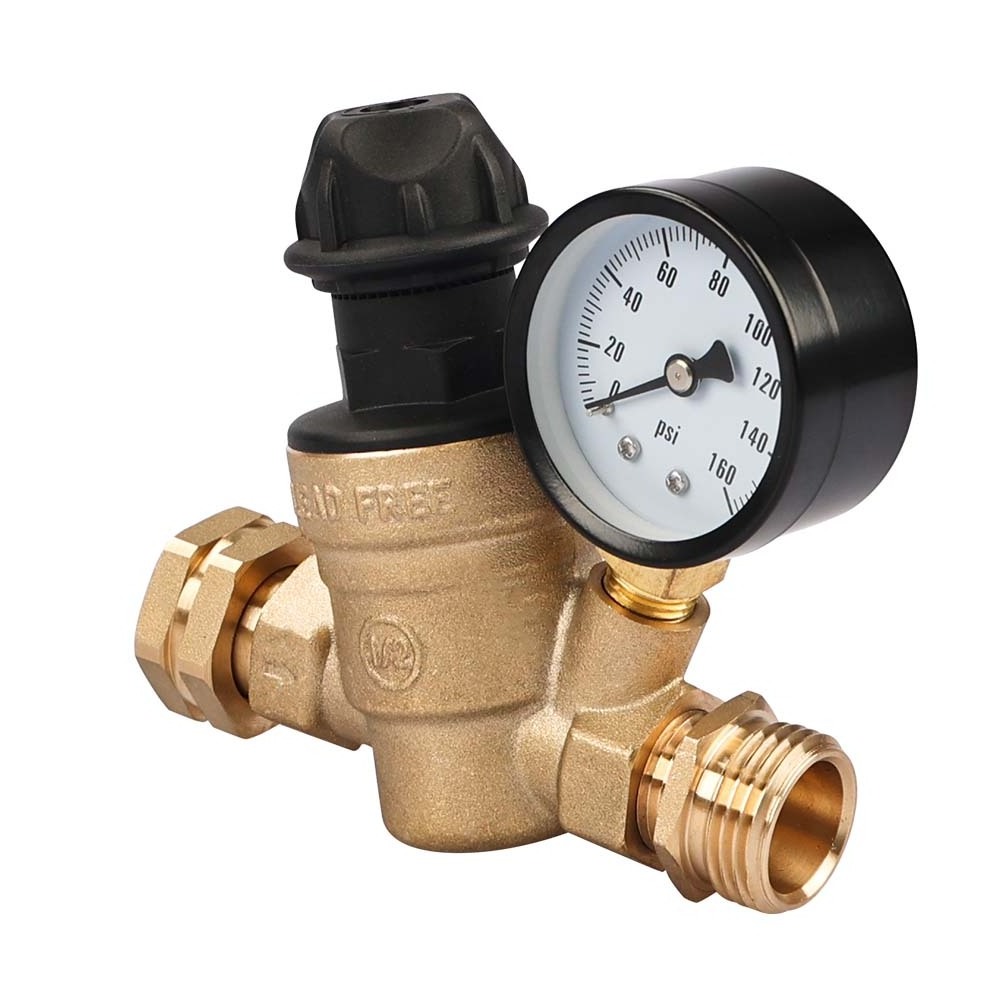 Manual Brass Lead-free adjustable rv water pressure regulator with Gauge, water pressure valve for rv/camper/garden