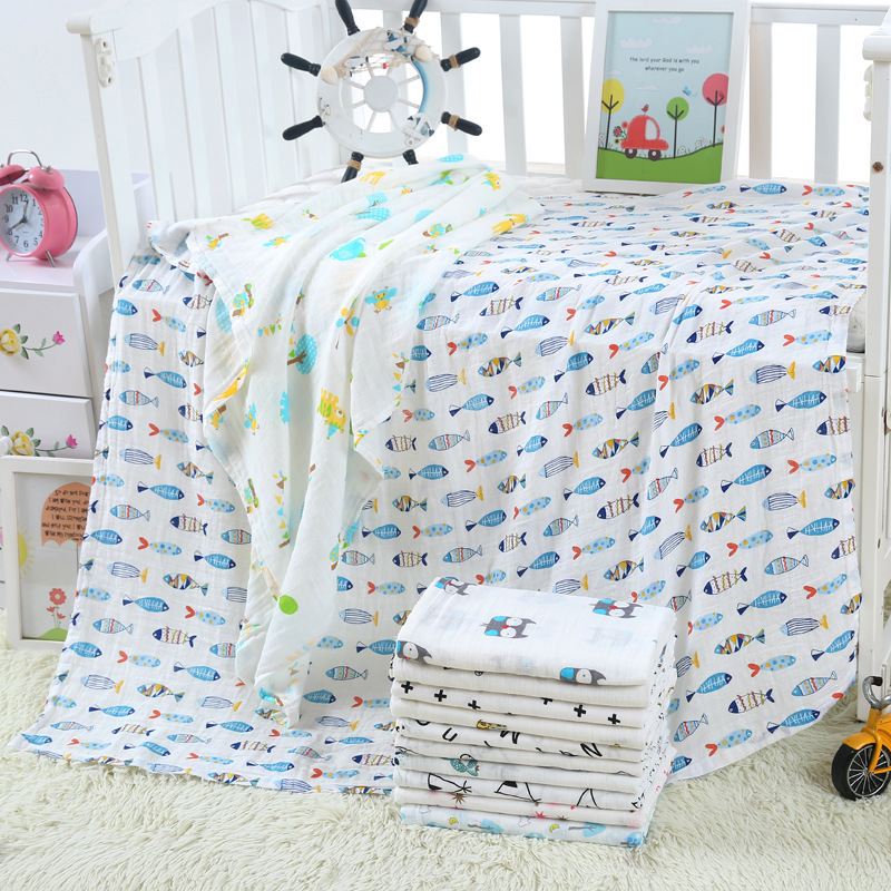 110*120 cm stock wrap gauze printed receiving 2 layers custom muslin baby swaddle blankets 100% cotton