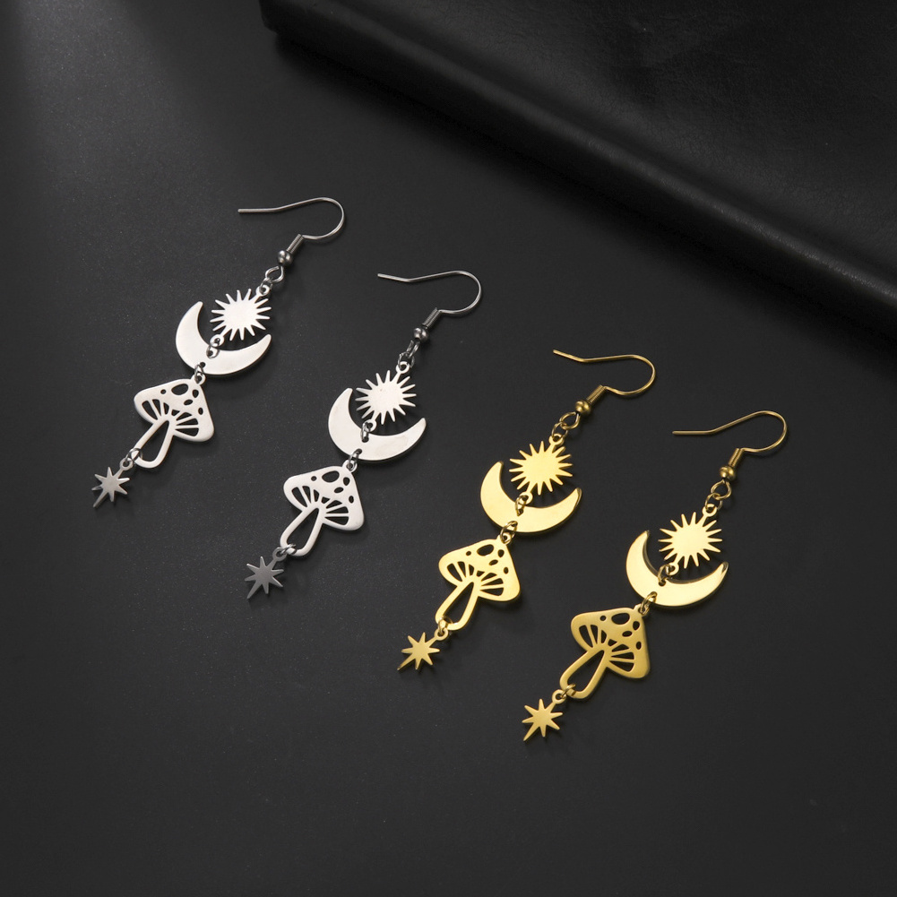 Fashion Lovely Shinning Mushroom Moon Earrings for Women Girls Stainless Steel Long Earrings Cute Boho Jewelry Gifts