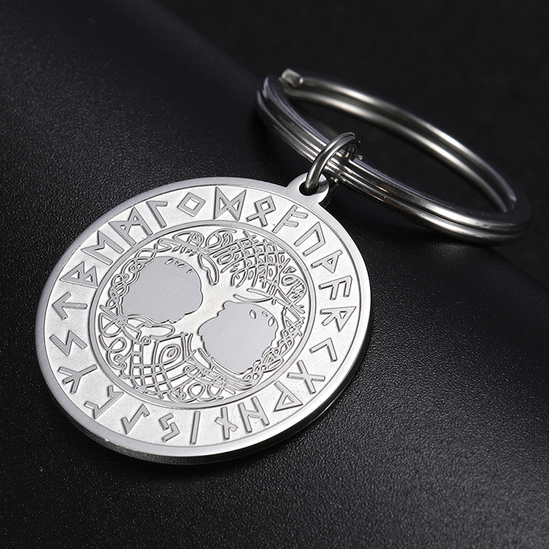 New design Custom Stainless steel Coin Shape Keychain Charm for Gift Life tree Viking Thor's Norse Viking charm DIY Keychain