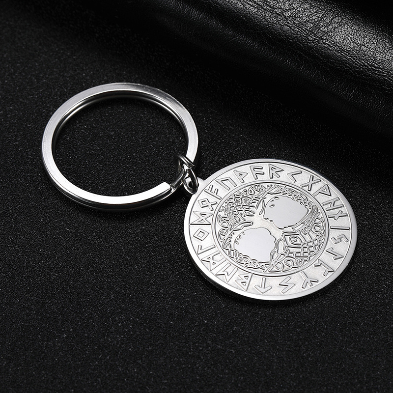 New design Custom Stainless steel Coin Shape Keychain Charm for Gift Life tree Viking Thor's Norse Viking charm DIY Keychain