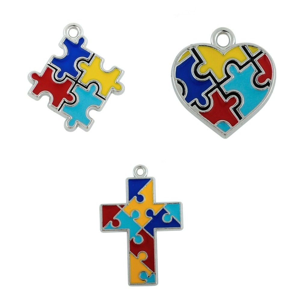 Zinc Alloy Metal Enamel Heart and Cross Shaped Puzzle Piece Autism Awareness Pendants Charms diy Jewelry