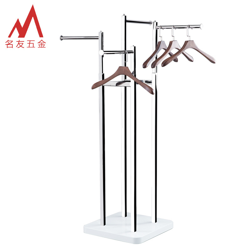 Multifunctional height adjustable 4 ways clothes display stand with round cross bar