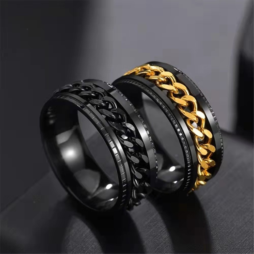 Fashion Men's Ring Punk Rock Accessories Stainless Steel Black Chain Spinner Rings For Party Boy