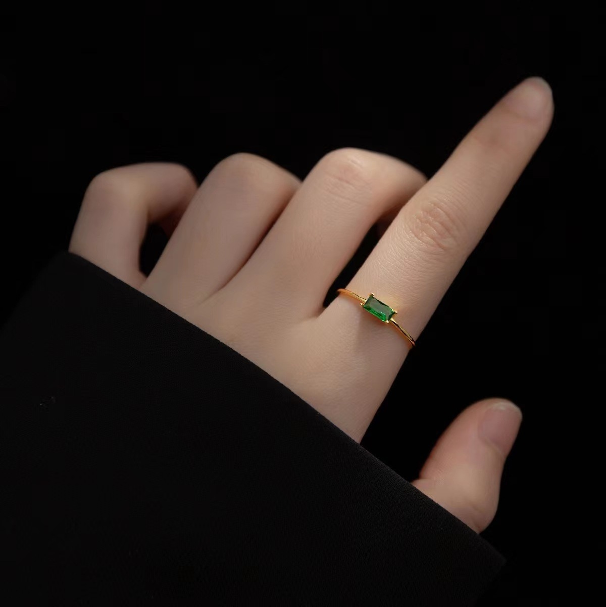 S925 Silver 18k Gold Plated Green Emarald Diamond Thin Ring 925 Sterling Silver Rectangle Zircon Opening Ring